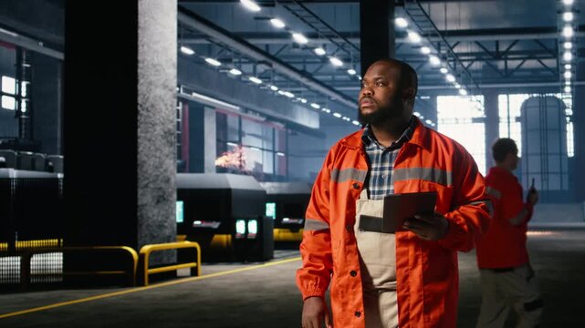 Industrial engineer manages equipment to ensure operation tasks on the factory floor, demonstrating workforce coordination and reviewing industrial machinery. Advanced technology. Camera A.