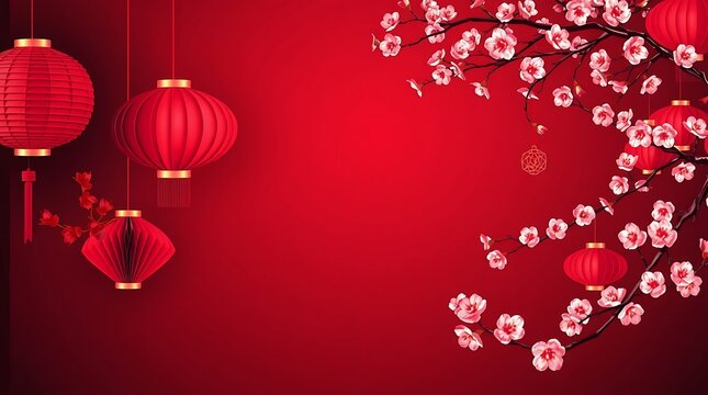 Red Chinese New Year Lanterns with Cherry Blossom Branch and Festive Paper Fans on Red Background
