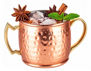 Iced beverage with anise and cinnamon in copper mug