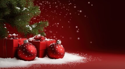 Festive Christmas holiday decorations with red ornaments, presents, pine tree, snow, and winter scene creating a joyful seasonal ambiance for holiday celebrations