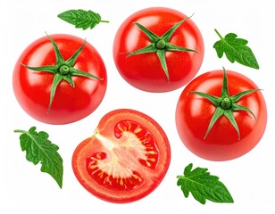 Red tomatoes, one sliced, with green leaves isolated
