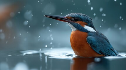 Vibrant kingfisher bird perched in water with colorful feathers, showcasing natural wildlife scene and outdoor aquatic environment in stunning nature photography