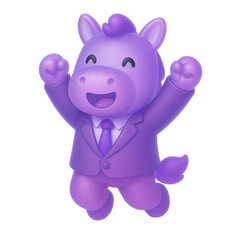 Cute 3D Purple Frosted Glass Horse Character jumping and celebrating success. Happy business mascot isolated on white.