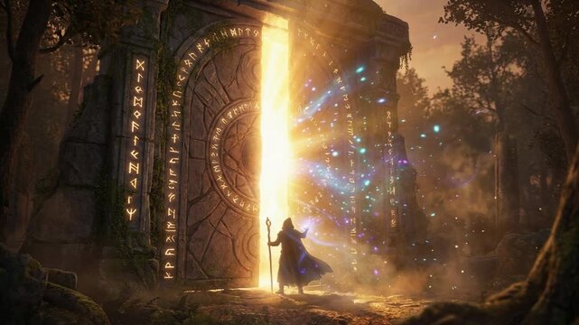 魔法の扉が開き光粒子が溢れ出す幻想ループ背景