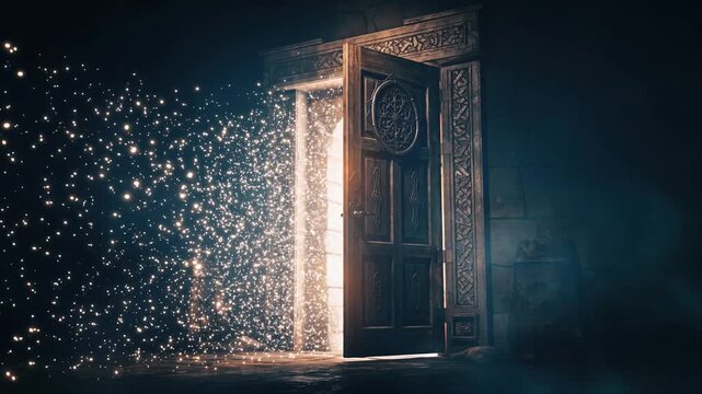 魔法の扉が開き光粒子が溢れ出す幻想ループ背景