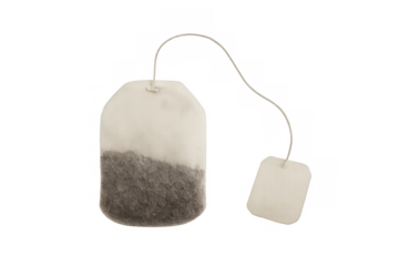 Tea bag with label and string, ready for hot beverage infusion, isolated on transparent background