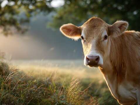 Beautiful outdoor scene featuring a peaceful grazing cow in a lush green pasture with natural sunlight, rural landscape, and tranquil farm environment - Powered by Adobe