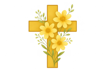 Christian cross decorated with yellow flowers, transparent background