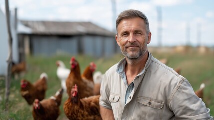 Professional rural farm scene featuring a farmer with chickens in outdoor countryside landscape with natural light, livestock, and peaceful rural atmosphere