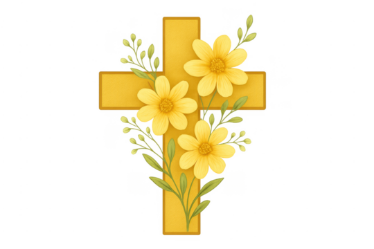 Christian cross decorated with yellow flowers, transparent background