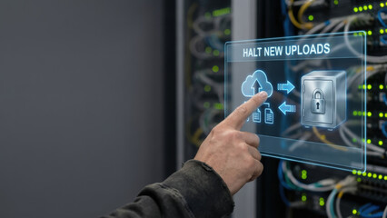 Halt new uploads command on digital interface preventing ai data leakage with secure cloud and locked storage for protection and control