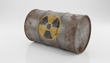 A rusty metal barrel with a radiation symbol, potentially containing hazardous waste.