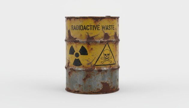 A rusty yellow barrel with radioactive waste warning symbols, isolated on a white background.