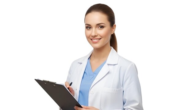 Female nurse with clipboard, isolated on white. Perfect for hospital, healthcare, corporate, and medical advertisement content.