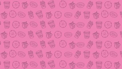 Pink background with donuts, coffee, and bakery items create a whimsical and delicious atmosphere, perfect for food and beverage promotions.