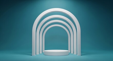 Naklejka premium Elegant minimalist archway display stage on a subtle teal backdrop scene