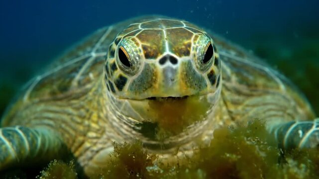 Close-up of a sea turtle underwater with sunlight and clear water