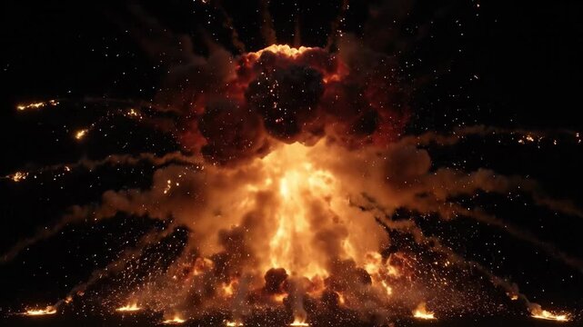 Massive Fiery Explosion With Orange Smoke and Sparks Against Black Background Dynamic Action Scene