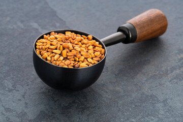 Dried, organic fenugreek seeds in a measuring spoon - Methi Dana