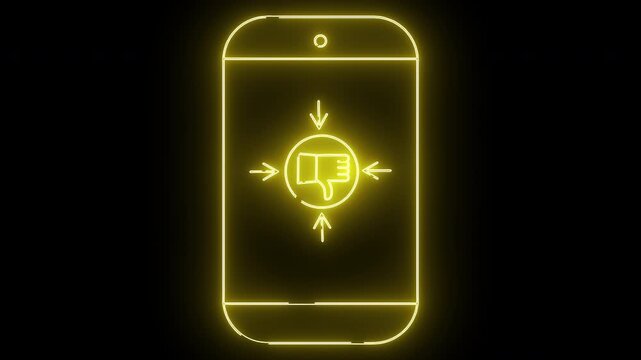 Yellow neon phone outline displays thumbs down surrounded by arrows