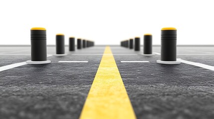 Black Bollards Line a Road with Yellow Stripe Perspective View
