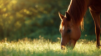 Brown horse grazing in a sunlit green field at golden hour, peaceful rural scene.