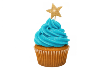 Cupcake with blue frosting and golden glitter star on a transparent background, celebrating party dessert sweet food