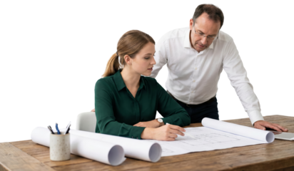 Collaborative architectural review, professional consultation on blueprint layouts with