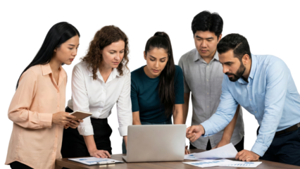 Diverse teamwork huddled around laptop, collaborating on project strategy with documents in hand