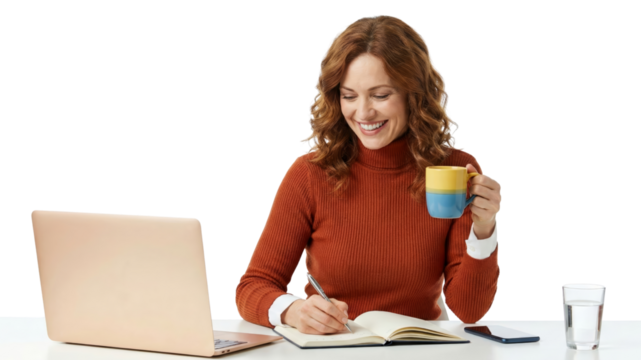 Smiling woman with laptop, notebook, and mug, creating content isolated transparent background