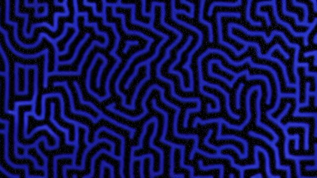 Abstract blue neon maze pattern glow line texture labyrinth background seamless futuristic vibe digital wallpaper, geometric curves and complex routes calm creative backdrop with energetic mood