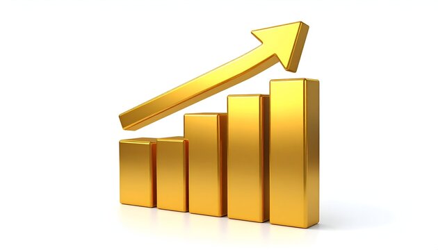 Golden bar graph with increasing columns and an upward arrow, white background
