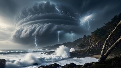 A dramatic and terrifying supercell storm forming over a rugged coastline, with swirling dark clouds, crashing waves, and intense atmospheric tension captured in realistic detail.