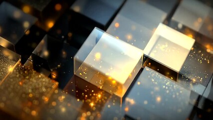 Abstract glowing cubes with shimmering particles in background - Powered by Adobe