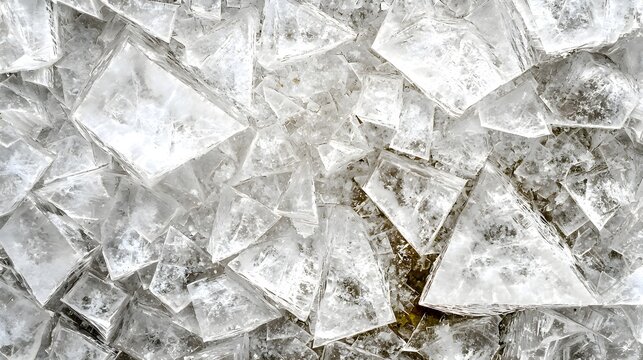 Close-up of detailed ice crystals forming geometric triangular patterns, ideal for cold weather designs, winter backgrounds, abstract art, and creative visuals.