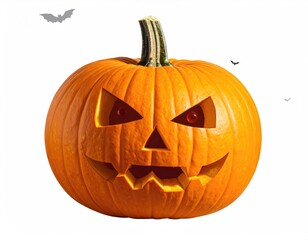 Carved, glowing pumpkin with bats, on white