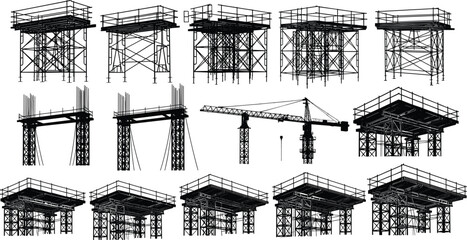 Collection of black and white construction scaffolding and crane illustrations building