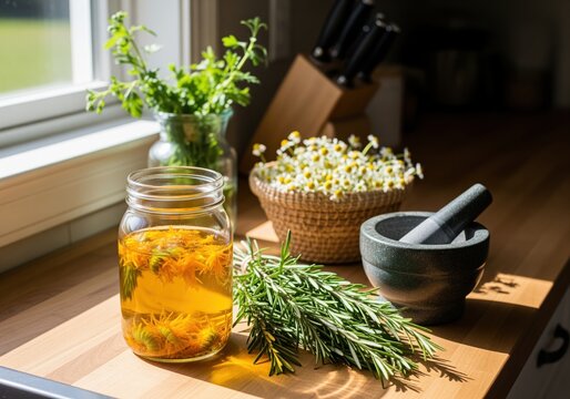 Homemade herbal remedies with calendula oil infusion, fresh rosemary, and chamomile