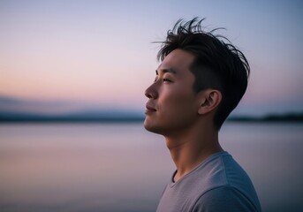 Serene east asian man with styled hair gazing thoughtfully into the distance