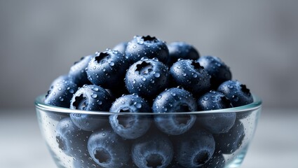 Fresh blueberries with water droplets in glass bowl
