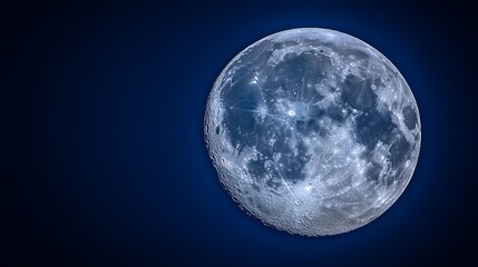 Fototapeta premium Ethereal Full Moon Against Dark Blue Sky, Detailed Lunar Surface with Craters and Shadows