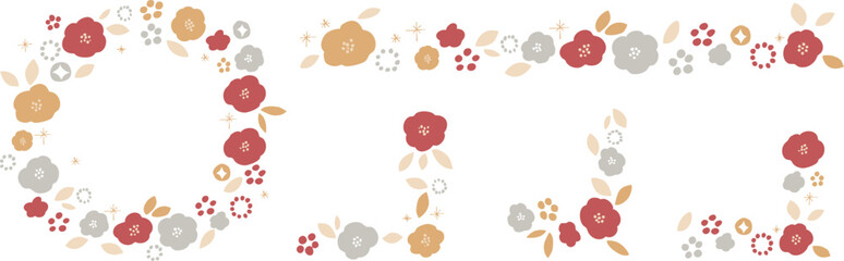 Fototapeta premium 年賀状素材。和風の椿と桜のフレームイラスト。和風の年賀背景。New Year's card material. Japanese-style camellia and cherry blossom frame illustration. Japanese-style New Year's background.