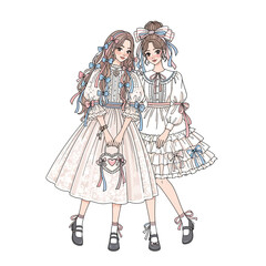 Two young women in elegant, frilly dresses, posing together, smiling.