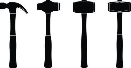 Four black silhouette hammers and mallets on white background sledgehammer claw hammer