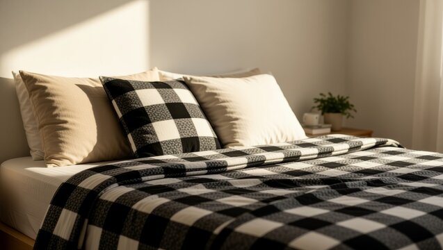 Sunlit bed with checkered blanket and pillows