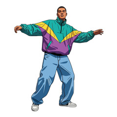 A cartoon illustration of a man in 90s fashion, wearing a colorful windbreaker and baggy jeans, striking a pose.