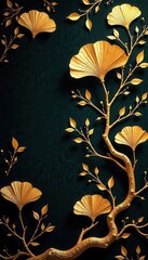 Ornate gold ginkgo branch pattern; refined, vector background design, art deco, sophisticated