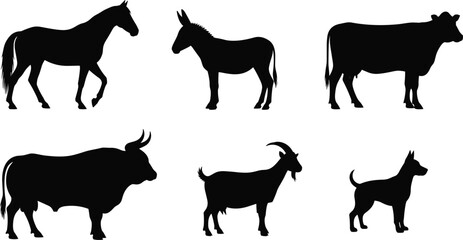 Horse, Donkey, Cow, Bull, Goat, Dog Silhouette, Farm Animal Set, Black Vector Illustration, Livestock Collection, Isolated On White Background