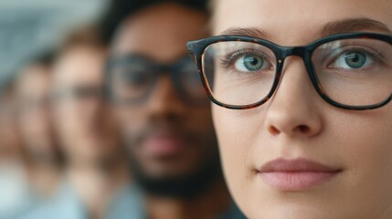 Fototapeta premium A focused woman with glasses stands in the foreground, with others blurred in the background, creating a sense of depth in a thoughtful atmosphere.