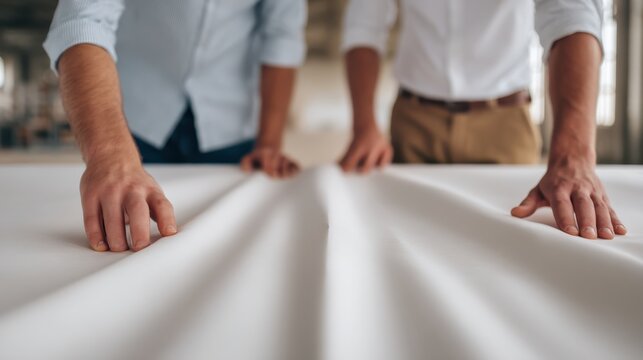 Two hands smoothing out fabric on a table, suggesting preparation for a project or design work in a bright, industrial space.